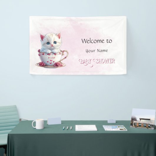 Kitten in Beker Roze Bloemen Baby shower Spandoek (Beurs)