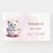 Kitten in Beker Roze Bloemen Baby shower Spandoek (Horizontaal)