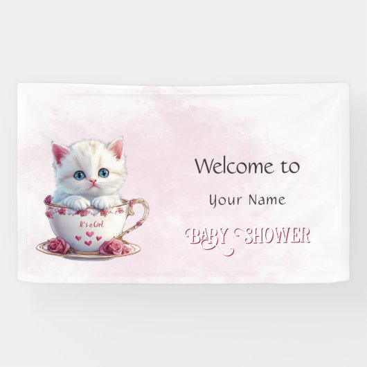 Kitten in Beker Roze Bloemen Baby shower Spandoek (Horizontaal)