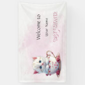 Kitten in Beker Roze Bloemen Baby shower Spandoek (Verticaal)