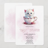 Kitten in Beker Roze Bloemen Baby shower Uitnodigi Kaart (Voorkant / Achterkant)
