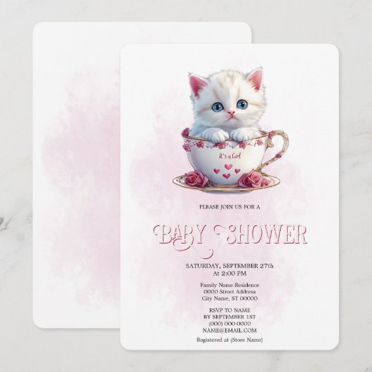 Kitten in Beker Roze Bloemen Baby shower Uitnodigi Kaart (Voorkant / Achterkant)