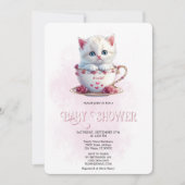 Kitten in Beker Roze Bloemen Baby shower Uitnodigi Kaart (Voorkant)