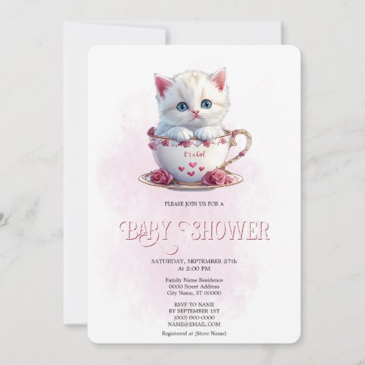 Kitten in Beker Roze Bloemen Baby shower Uitnodigi Kaart (Voorkant)