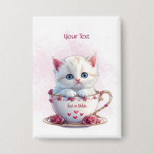Kitten in Beker Roze Bloemen Button