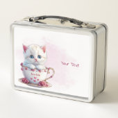 Kitten in Beker Roze Bloemen Metalen Lunch Box (Achterkant)