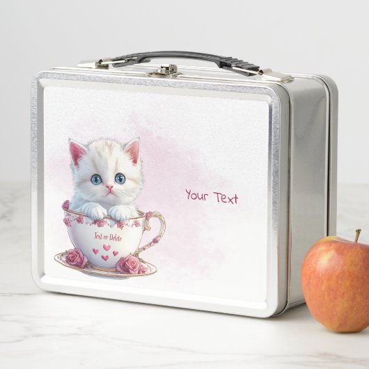 Kitten in Beker Roze Bloemen Metalen Lunch Box (In situ)