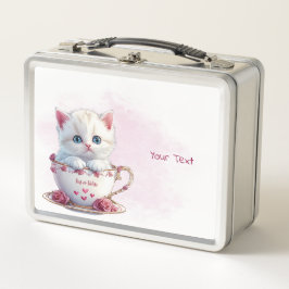 Kitten in Beker Roze Bloemen Metalen Lunch Box