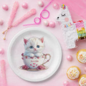Kitten in Beker Roze Bloemen Papier Bord (Feest)