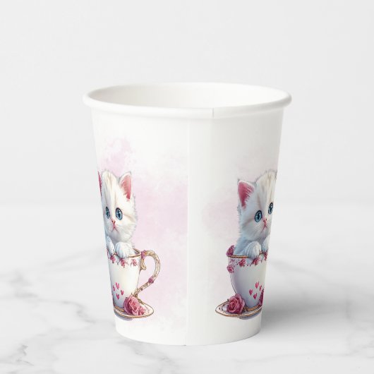 Kitten in beker roze bloemen papieren bekers (Rechts)