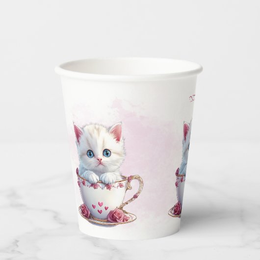 Kitten in beker roze bloemen papieren bekers (Voorkant)