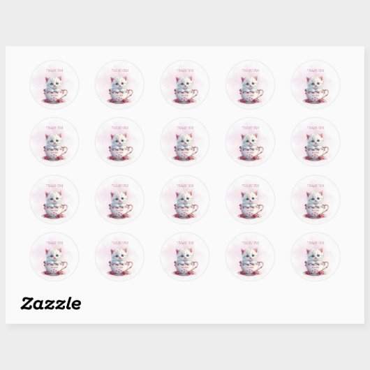 Kitten in Beker Roze Bloemen Sticker (Vel)