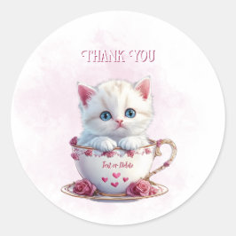 Kitten in Beker Roze Bloemen Sticker