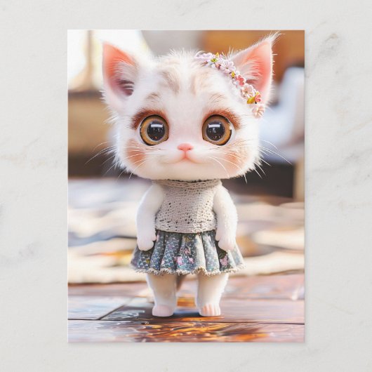 Kitten in blauwe rok en bloempatroon Blouse Feestdagenkaart (Voorkant)