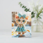 Kitten in blauwe rok en blouse feestdagenkaart (Staand voorkant)