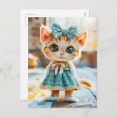 Kitten in blauwe rok en blouse feestdagenkaart (Voorkant / Achterkant)