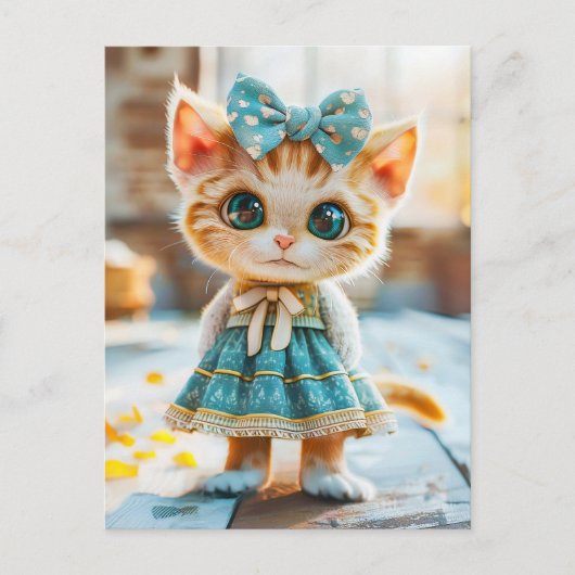 Kitten in blauwe rok en blouse feestdagenkaart (Voorkant)