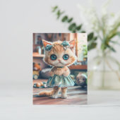 Kitten in blauwe rok en lint op hoofd feestdagenkaart (Staand voorkant)