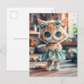 Kitten in blauwe rok en lint op hoofd feestdagenkaart (Voorkant / Achterkant)