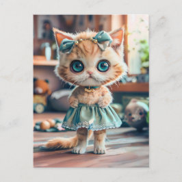 Kitten in blauwe rok en lint op hoofd feestdagenkaart