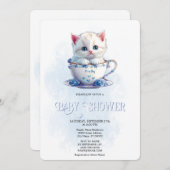 Kitten in Cup Blauwe Bloemen Baby shower Uitnodigi Kaart (Voorkant / Achterkant)