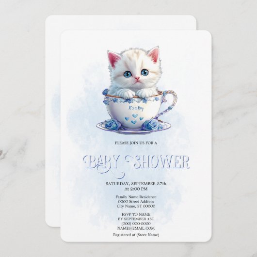 Kitten in Cup Blauwe Bloemen Baby shower Uitnodigi Kaart (Voorkant / Achterkant)