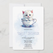 Kitten in Cup Blauwe Bloemen Baby shower Uitnodigi Kaart (Voorkant)
