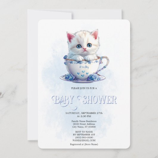 Kitten in Cup Blauwe Bloemen Baby shower Uitnodigi Kaart (Voorkant)