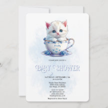 Kitten in Cup Blauwe Bloemen Baby shower Uitnodigi