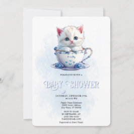 Kitten in Cup Blauwe Bloemen Baby shower Uitnodigi Kaart