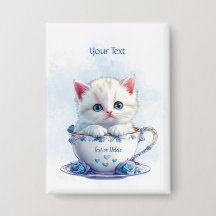 Kitten in Cup Blauwe Bloemen Button