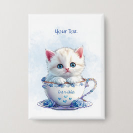 Kitten in Cup Blauwe Bloemen Button