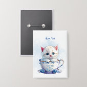 Kitten in Cup Blauwe Bloemen Button (Voorkant / Achterkant)