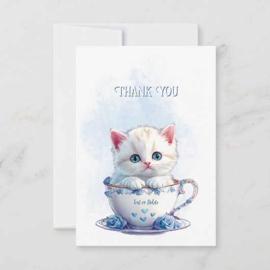 Kitten in Cup Blauwe Bloemen Dank u kaart (Voorkant)
