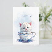 Kitten in Cup Blauwe Bloemen Dank u kaart (Staand voorkant)