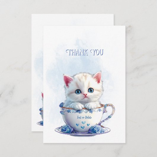 Kitten in Cup Blauwe Bloemen Dank u kaart (Voorkant / Achterkant)