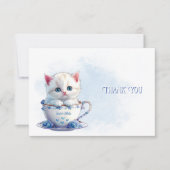 Kitten in Cup Blauwe Bloemen Dank u kaart (Voorkant)