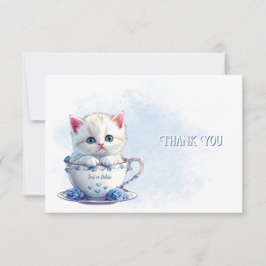 Kitten in Cup Blauwe Bloemen Dank u kaart (Voorkant)