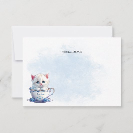 Kitten in Cup Blauwe Bloemen Dank u kaart (Achterkant)