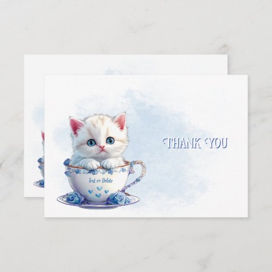 Kitten in Cup Blauwe Bloemen Dank u kaart (Voorkant / Achterkant)