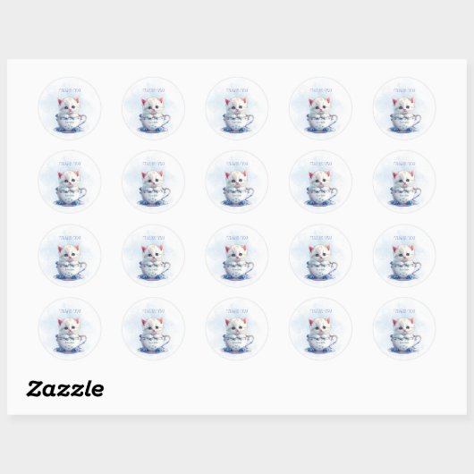 Kitten in Cup Blauwe Bloemen Sticker (Vel)