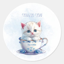 Kitten in Cup Blauwe Bloemen Sticker