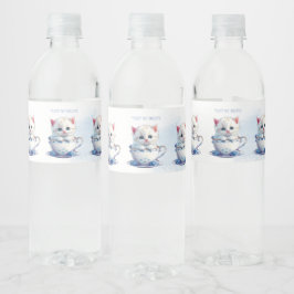 Kitten in Cup Blauwe Bloemen Water Fles Label Waterfles Etiket