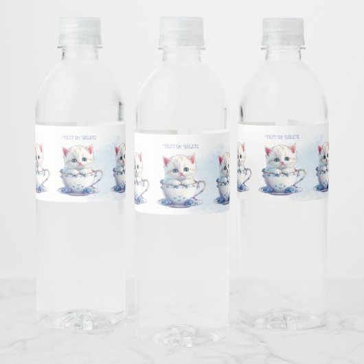 Kitten in Cup Blauwe Bloemen Water Fles Label Waterfles Etiket (Flessen)