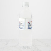 Kitten in Cup Blauwe Bloemen Water Fles Label Waterfles Etiket (Achterkant)