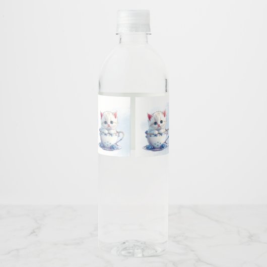 Kitten in Cup Blauwe Bloemen Water Fles Label Waterfles Etiket (Achterkant)