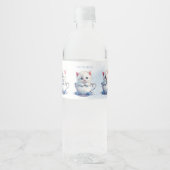 Kitten in Cup Blauwe Bloemen Water Fles Label Waterfles Etiket (Voorkant)