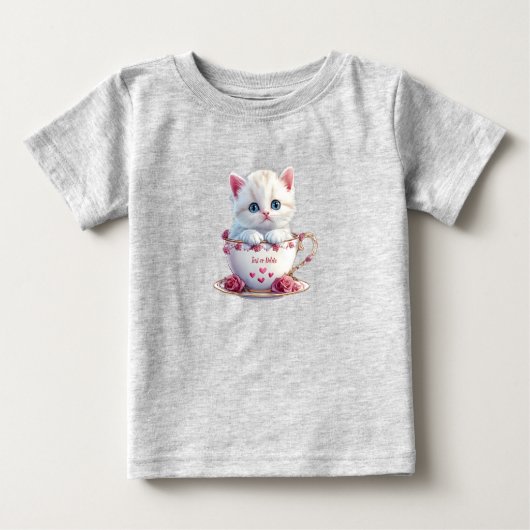 Kitten in Cup Roze Bloemen Baby T-shirt (Voorkant)