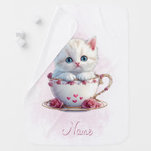 Kitten in Cup Roze Bloemen Babydeken