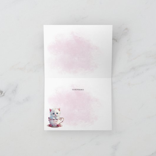 Kitten in Cup Roze Bloemen Dank u kaart (Binnen)